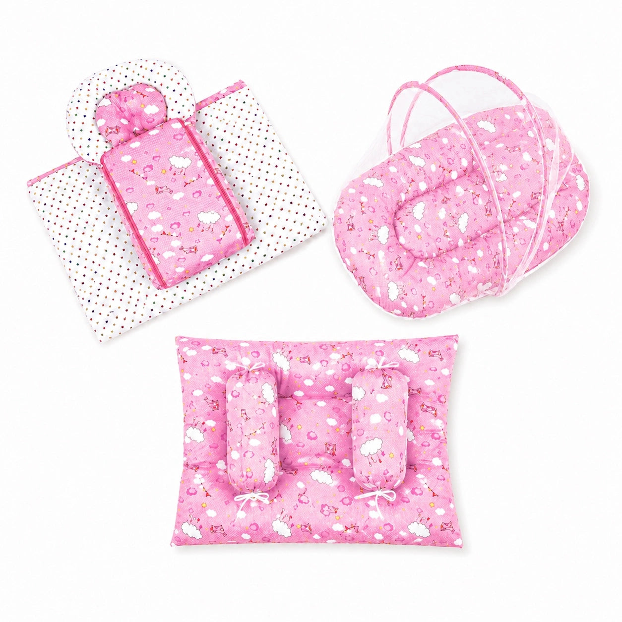 8-Piece Baby Bedding Set with Mosquito Net & Blanket – Cloud Pattern (Pink)