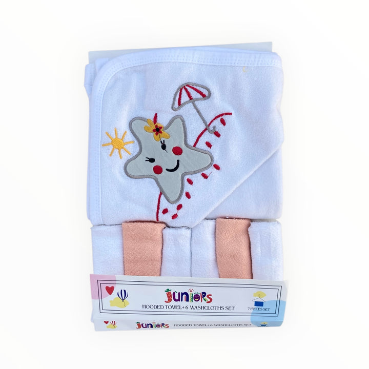 Soft and absorbent baby hooded bath towel with 6 washcloths, designed for newborns and infants.