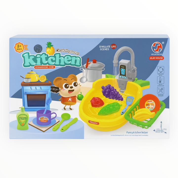 Kids kitchen dishwashing sink toy with circulating water and utensils