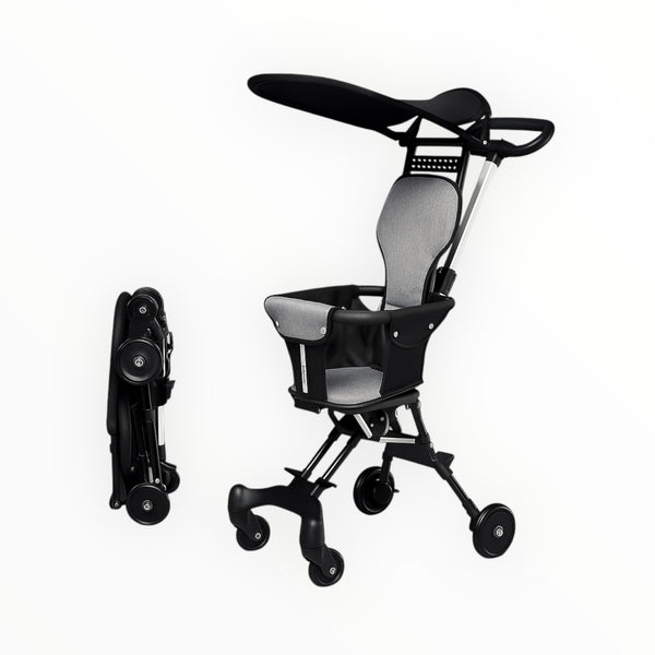 Modern foldable baby stroller with black frame, grey cushioned seat, adjustable canopy, and four durable wheels, designed for comfort and portability.