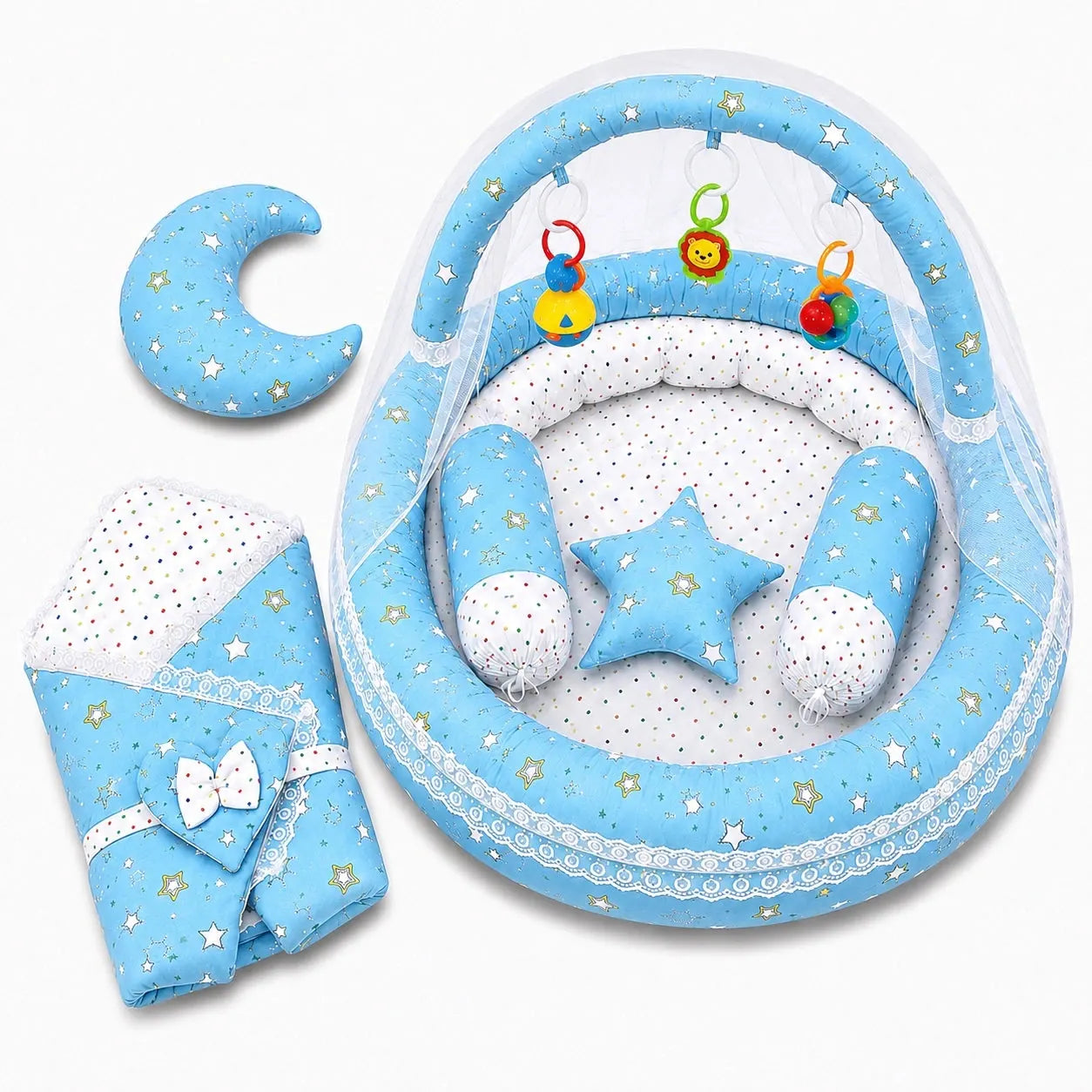 Sky Blue Star Baby Snuggle Nest Bed Set with Mosquito Net Carry Wrap and Pillows in Pakistan