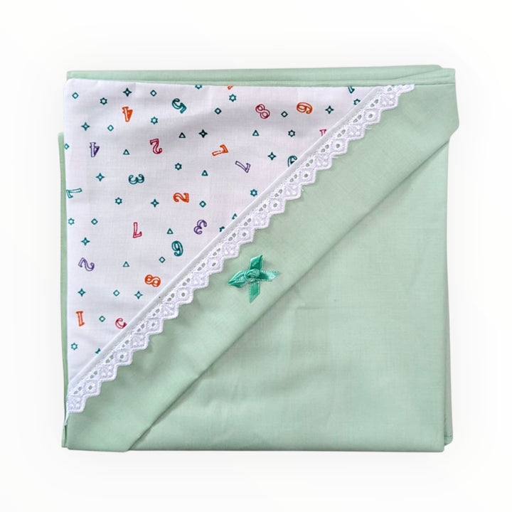 Green baby hooded wrapping sheet with lace and bow detailing, soft cotton fabric for comfort.