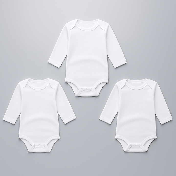 Soft and breathable full-sleeve white cotton baby bodysuits in a pack of 3, featuring snap closures for easy changing. Available in sizes 0-3, 3-6, and 6-12 months.