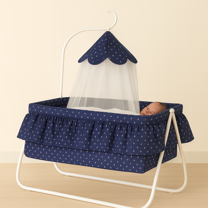 Baby sleeping cradle with canopy net available in pink, grey, and navy blue