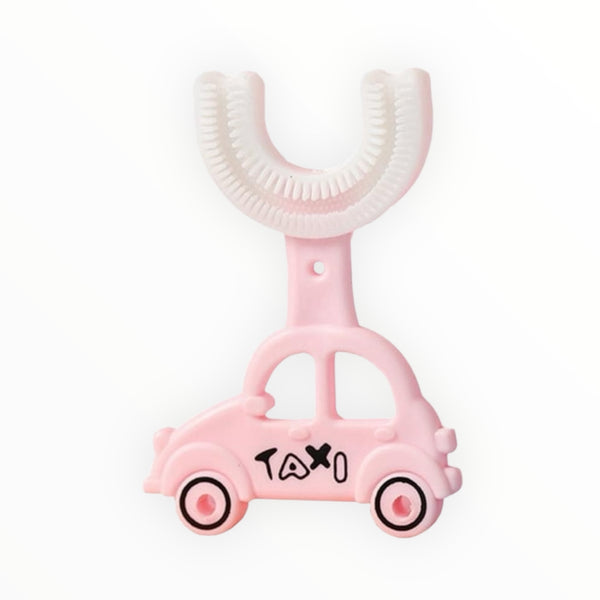 Baby toothbrush with a fun car-shaped design and soft bristles for gentle cleaning.