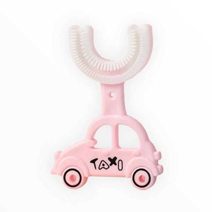 Baby toothbrush with a fun car-shaped design and soft bristles for gentle cleaning.