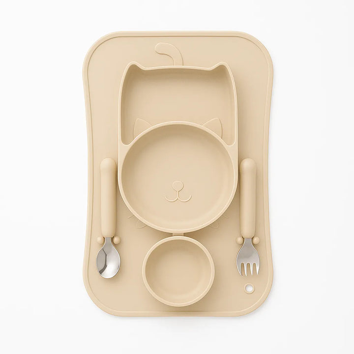 Beige Silicone Baby Feeding Set Cat Design