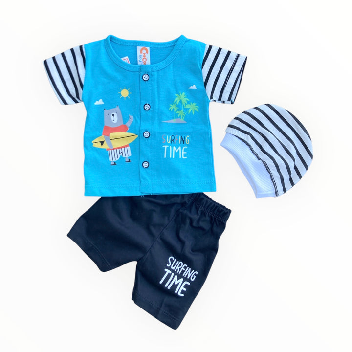 Soft cotton baby t-shirt, pajama, and cap set for newborn comfort and warmth.