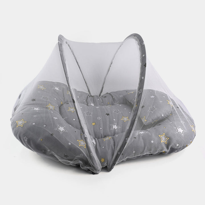 Baby Carry Nest with Pillow & Full Mosquito Net Grey – Soft Open Style Newborn Sleeping Nest in Pakistan