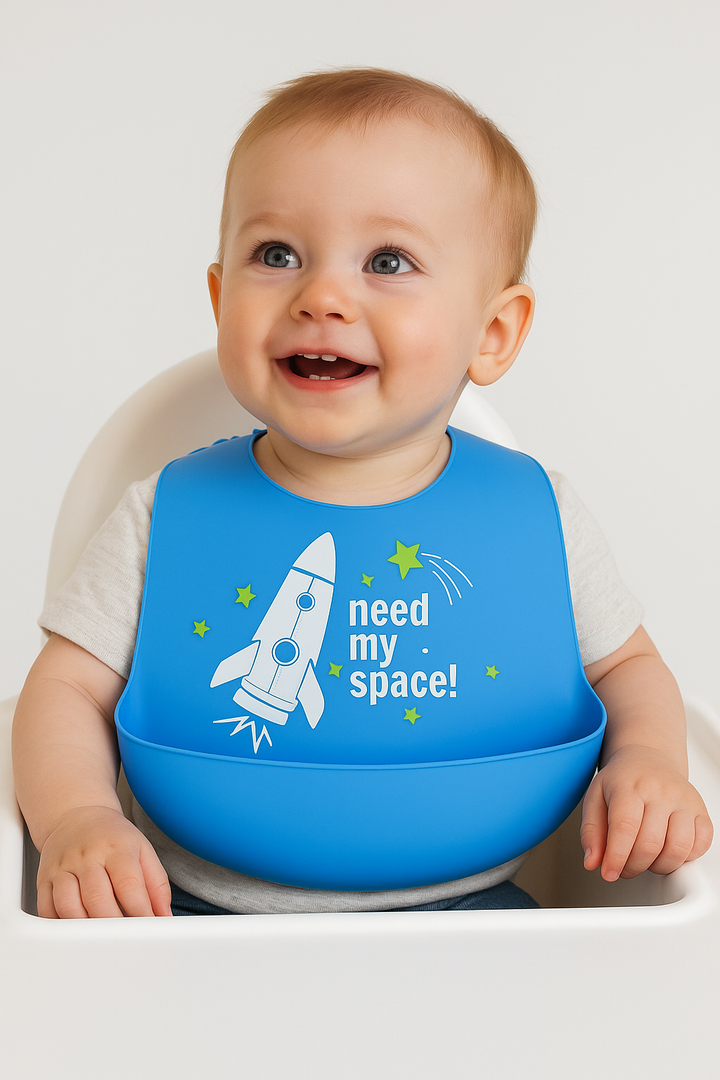Silicone baby bib with food catcher waterproof feeding bib cute design (Need My Space, Miso Cute, Holy Guacamole, Be Brave, Cool, Veggie print)