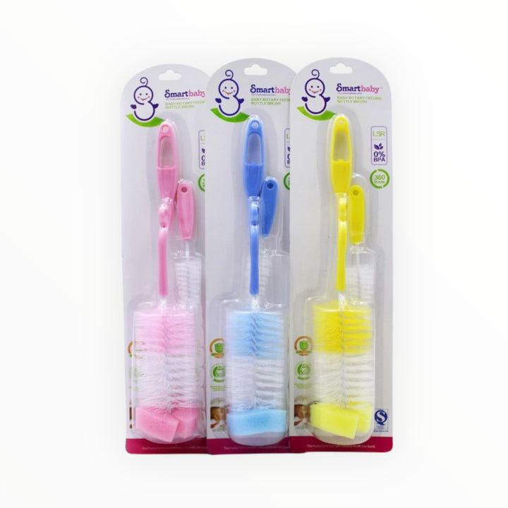 2-in-1 feeder bottle and nipple cleaning brush with soft bristles.