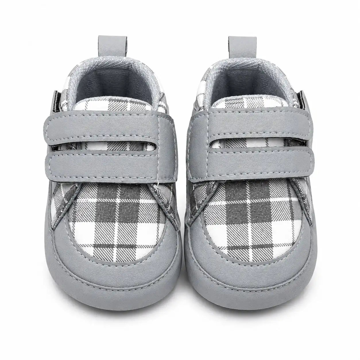 Grey plaid baby first walker shoes with double hook and loop straps – front view