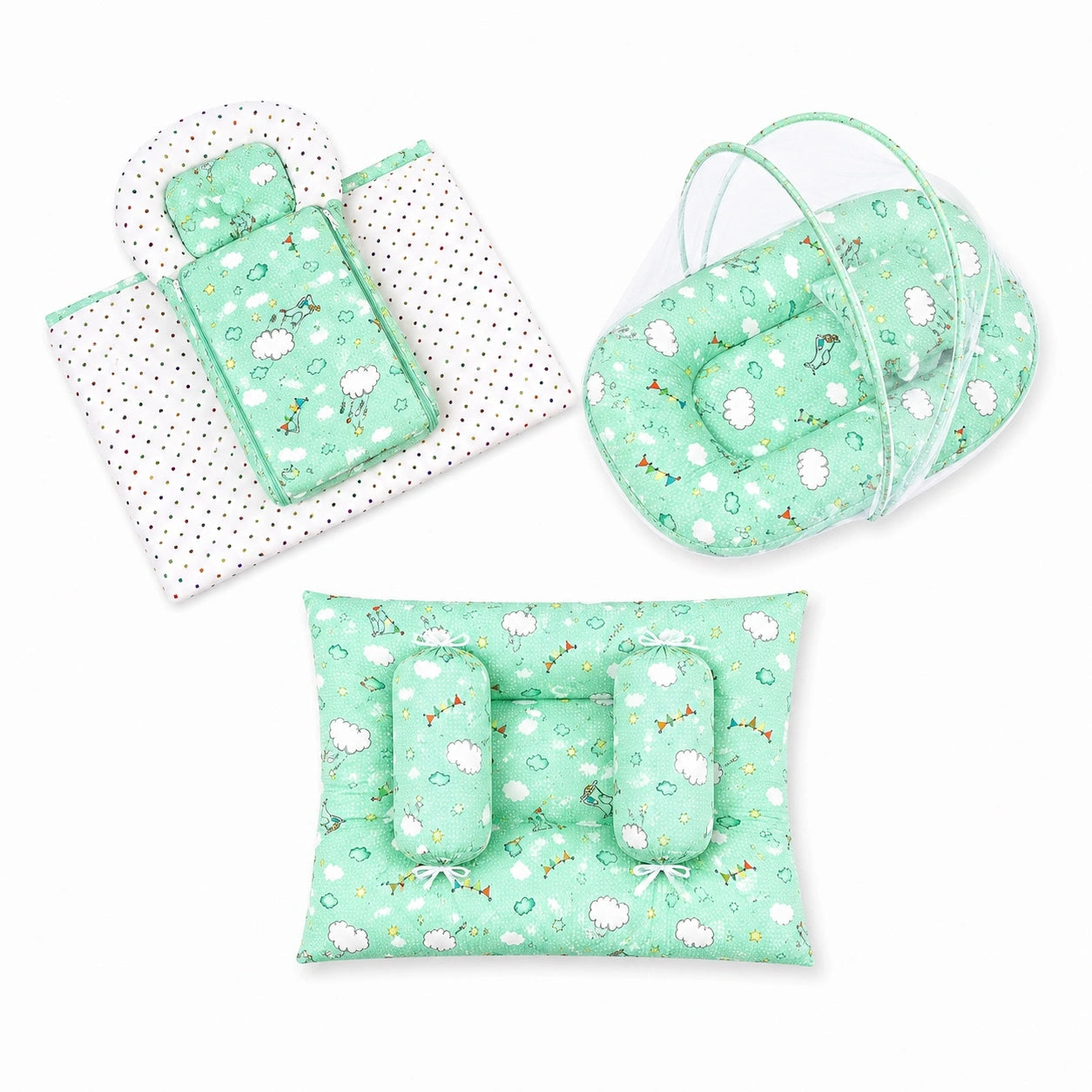 8-Piece Baby Bedding Set with Mosquito Net & Blanket – Cloud Pattern (Green)