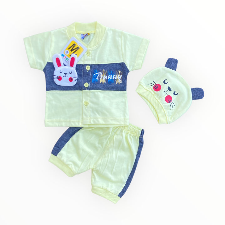 Soft cotton baby t-shirt, pajama, and cap set, perfect for comfort and warmth for newborns.