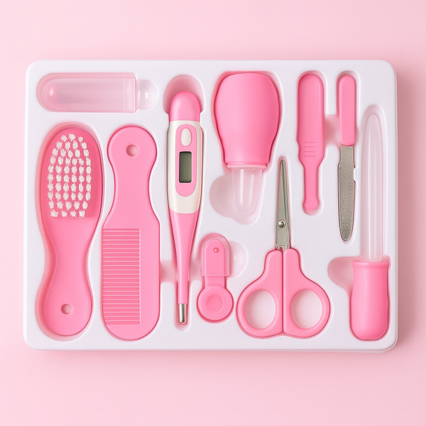 Pink baby grooming kit 10 pcs set with brush, comb, thermometer & nail care tools