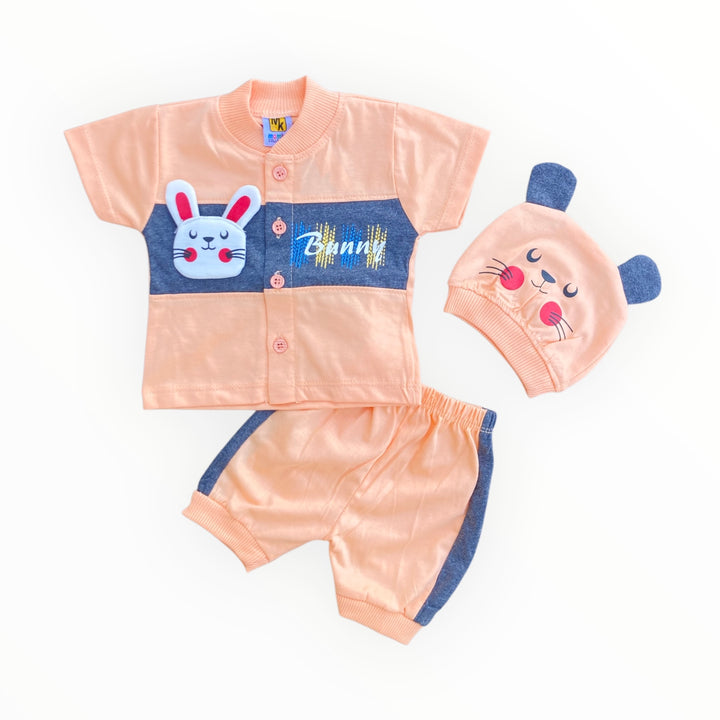 Soft cotton baby t-shirt, pajama, and cap set, perfect for comfort and warmth for newborns.