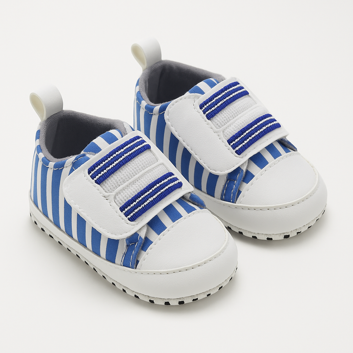 Baby soft striped Velcro shoes blue and white
