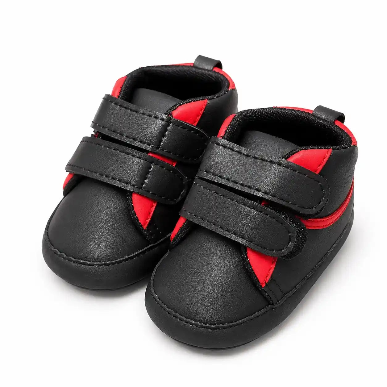 Black and red baby soft sole first walker shoes with double hook-and-loop straps – angled view