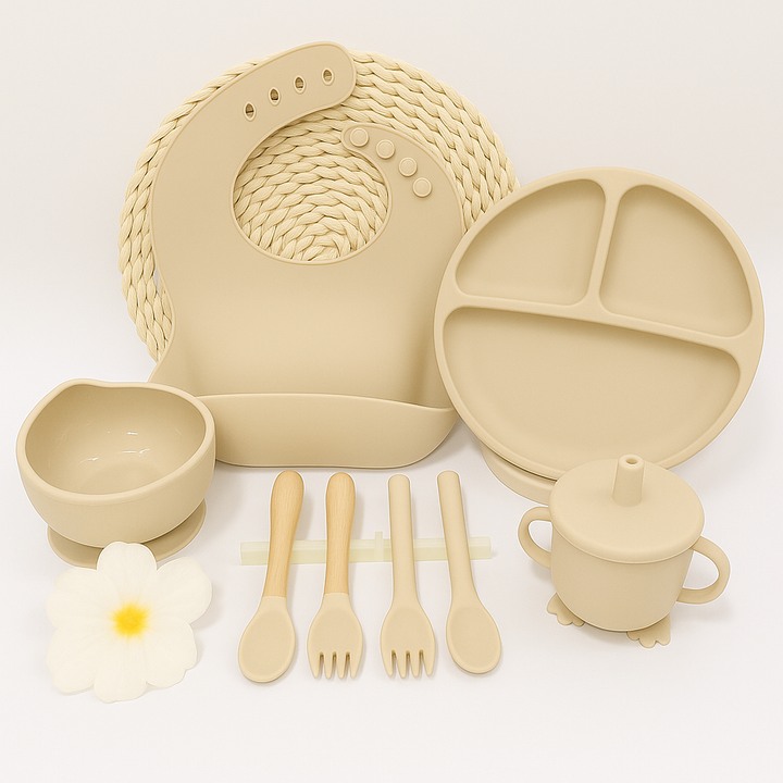 Silicone baby feeding set 8 pcs – bib, bowl, suction plate, sippy cup, spoon & fork set