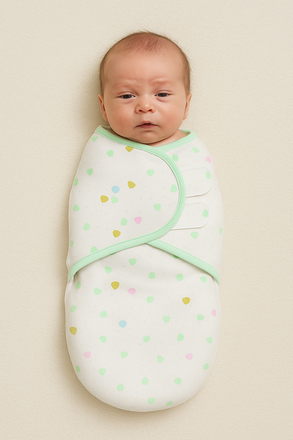 Green adjustable infant swaddle wrap for newborns with Velcro closure