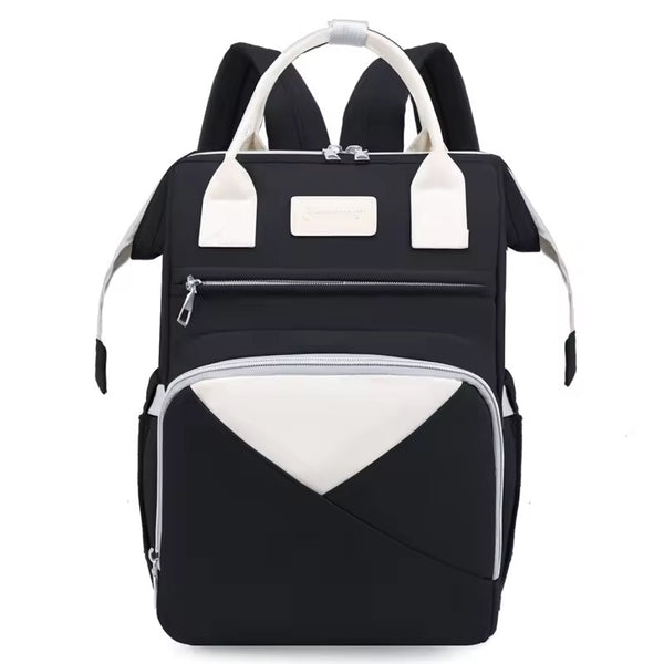Multi-functional backpack with white accents and boxy shape