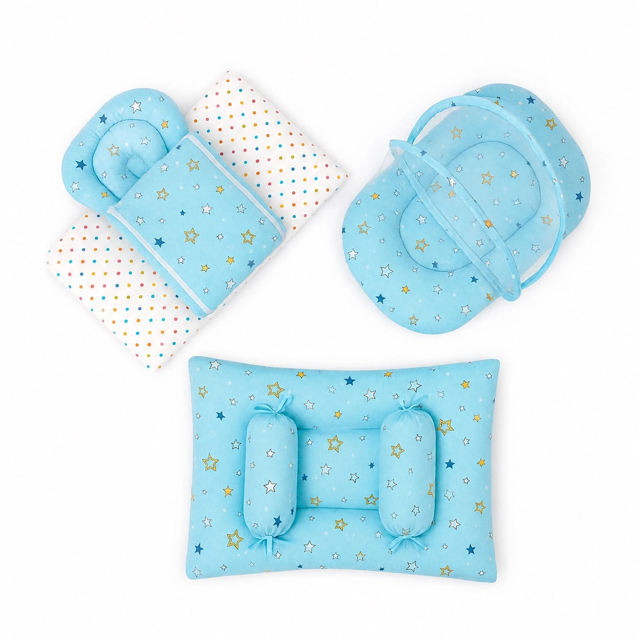 8-Piece Baby Bedding Set With Mosquito Net & Blanket – Star Print (Sky Blue)