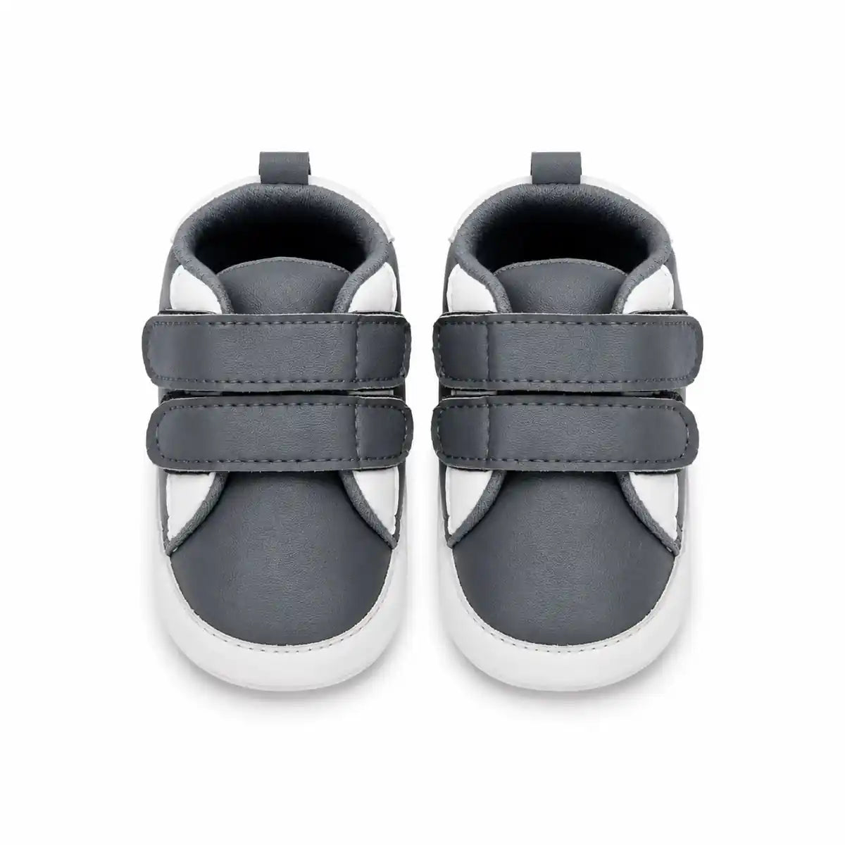 Grey and white baby first walker shoes with double hook-and-loop straps – front view