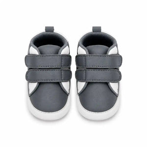 Grey and white baby first walker shoes with double hook-and-loop straps – front view