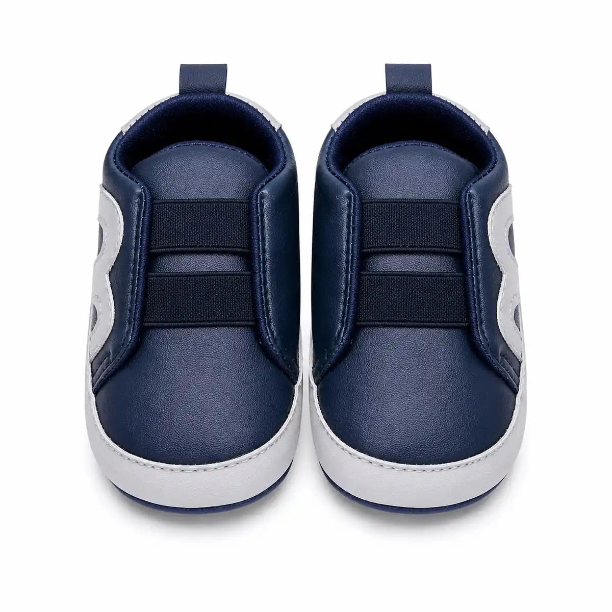 Navy blue and grey baby soft sole slip-on first walker shoes with elastic bands – front view