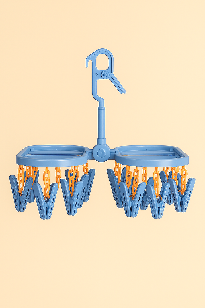 Foldable clothes hanger with 24 clips for drying baby clothes and laundry