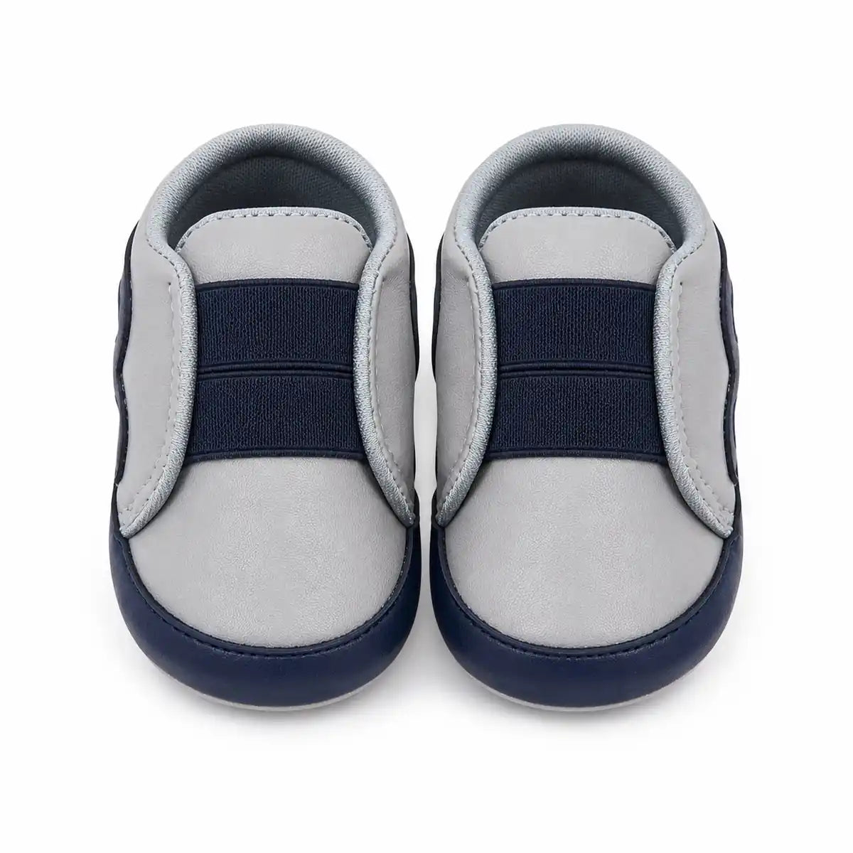 Grey and navy blue baby boys slip-on first walker shoes with elastic bands – front view
