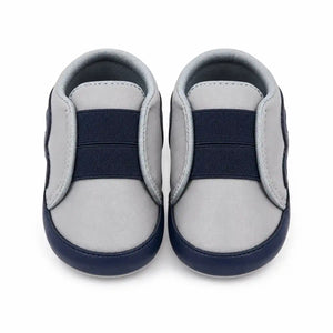 Grey and navy blue baby boys slip-on first walker shoes with elastic bands – front view