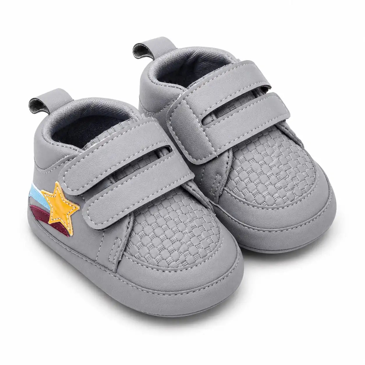 Grey double strap baby first walker shoes with textured upper, cushioned lining and colorful star side patch