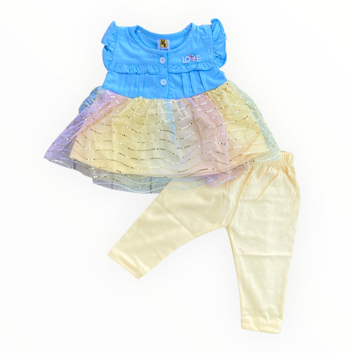 Soft cotton baby frock and pajama set, perfect for comfort and style.