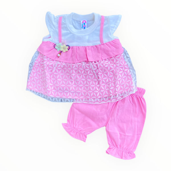  Soft cotton baby frock and pajama set, designed for comfort and style.