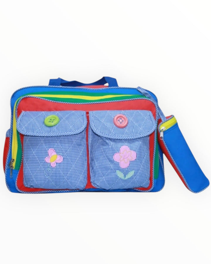Multi-Color Baby Diaper Bag with Blue Base – Spacious, Durable, and Stylish