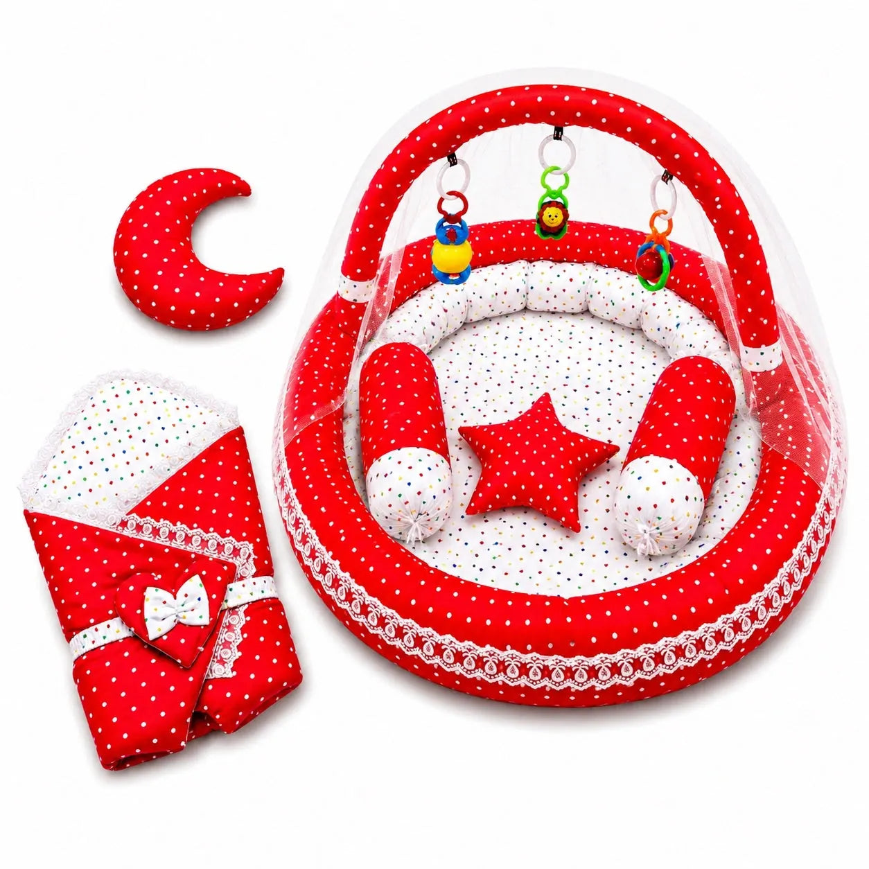 Red Polka Dot Baby Snuggle Nest Set with Mosquito Net in Pakistan