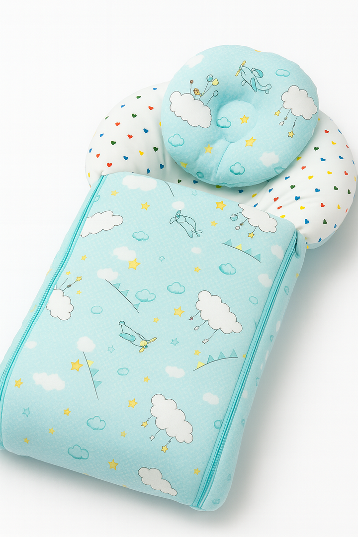 Baby Carry Nest with Pillow Green Cloud Print – Soft Cotton Comfortable Newborn Sleeping Nest in Pakistan