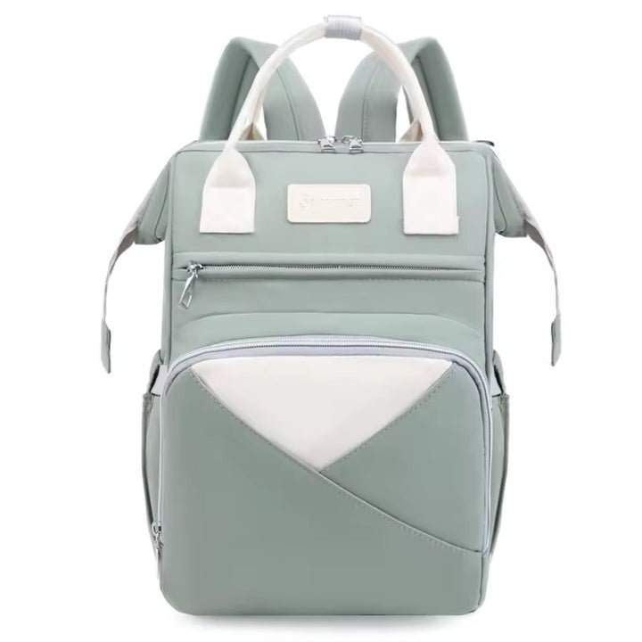 Multi-functional backpack with white accents and boxy shape