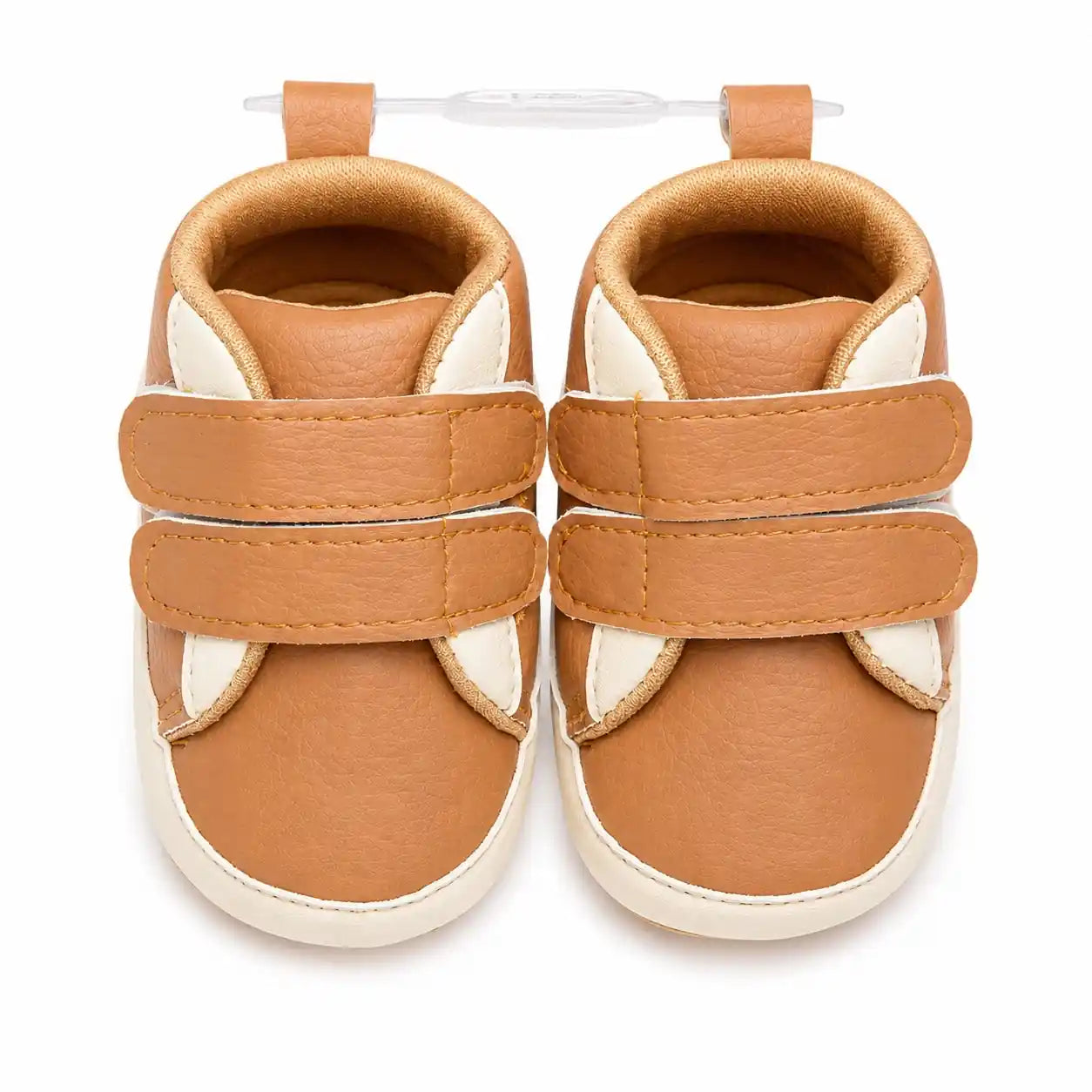 Camel beige baby first walker shoes with double Velcro straps, cushioned lining and soft sole – front view
