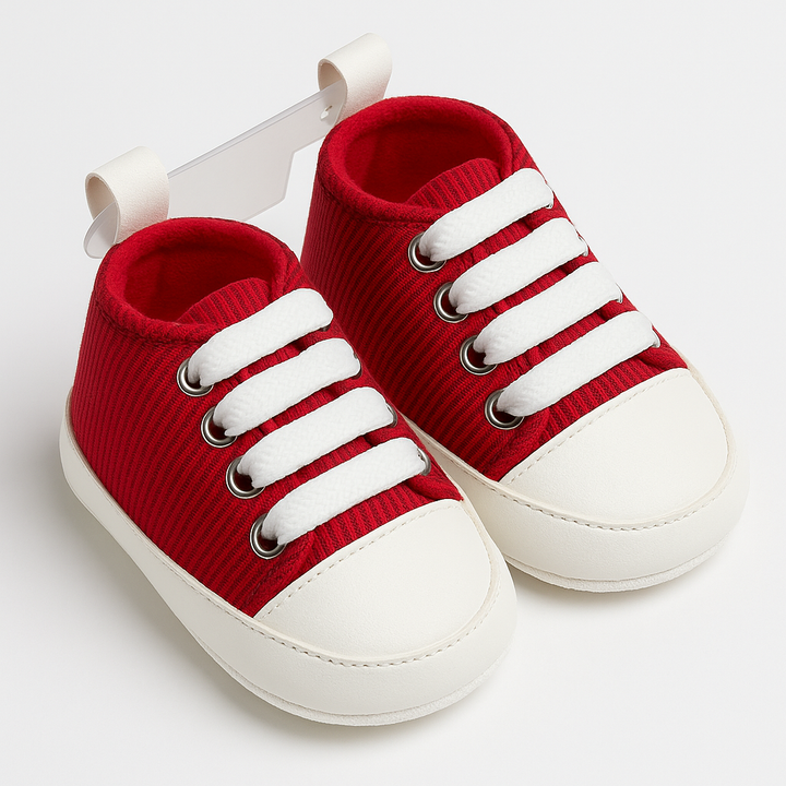 Baby Soft Sole Sneakers Red & White – Cotton Infant Shoes with Flexible Sole 0–12 Months in Pakistan