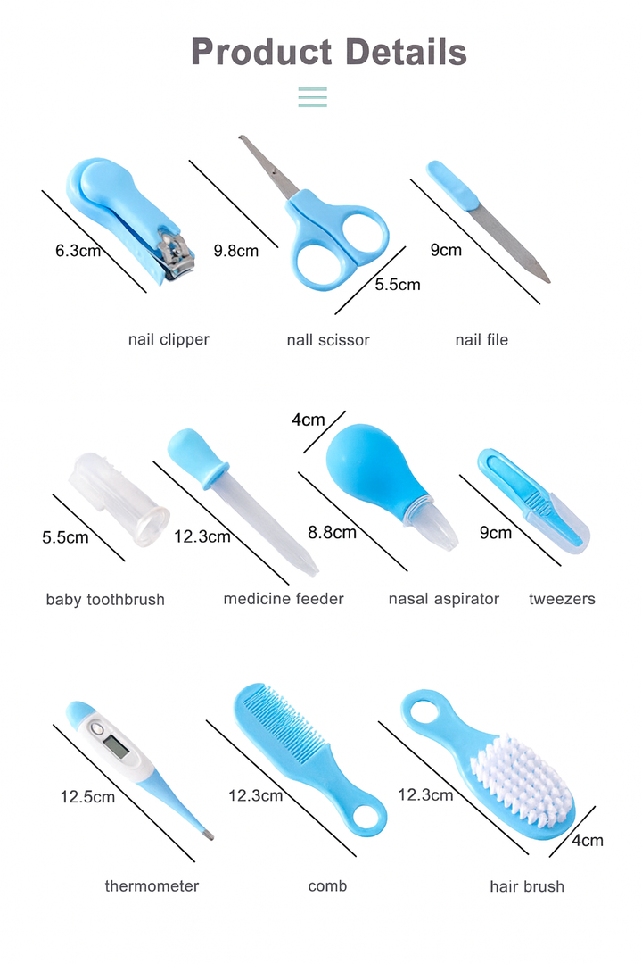 Blue baby grooming kit 10 pcs set with brush, comb, thermometer & nail tools