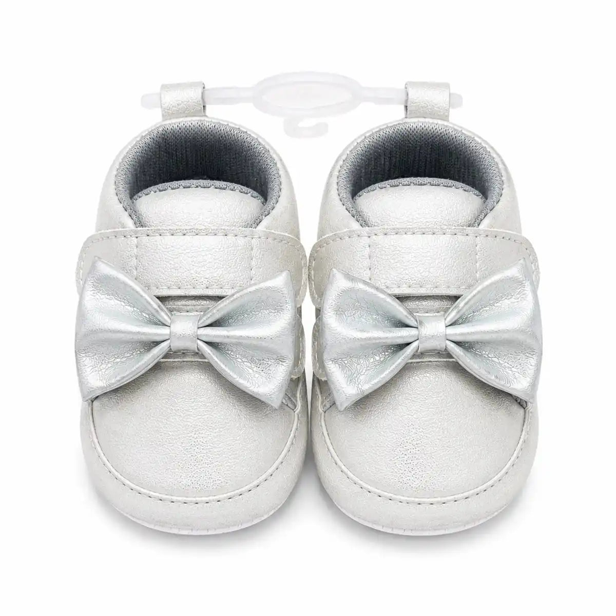 Silver bow baby girl soft sole first walker shoes with cushioned lining and hook and loop closure – front view