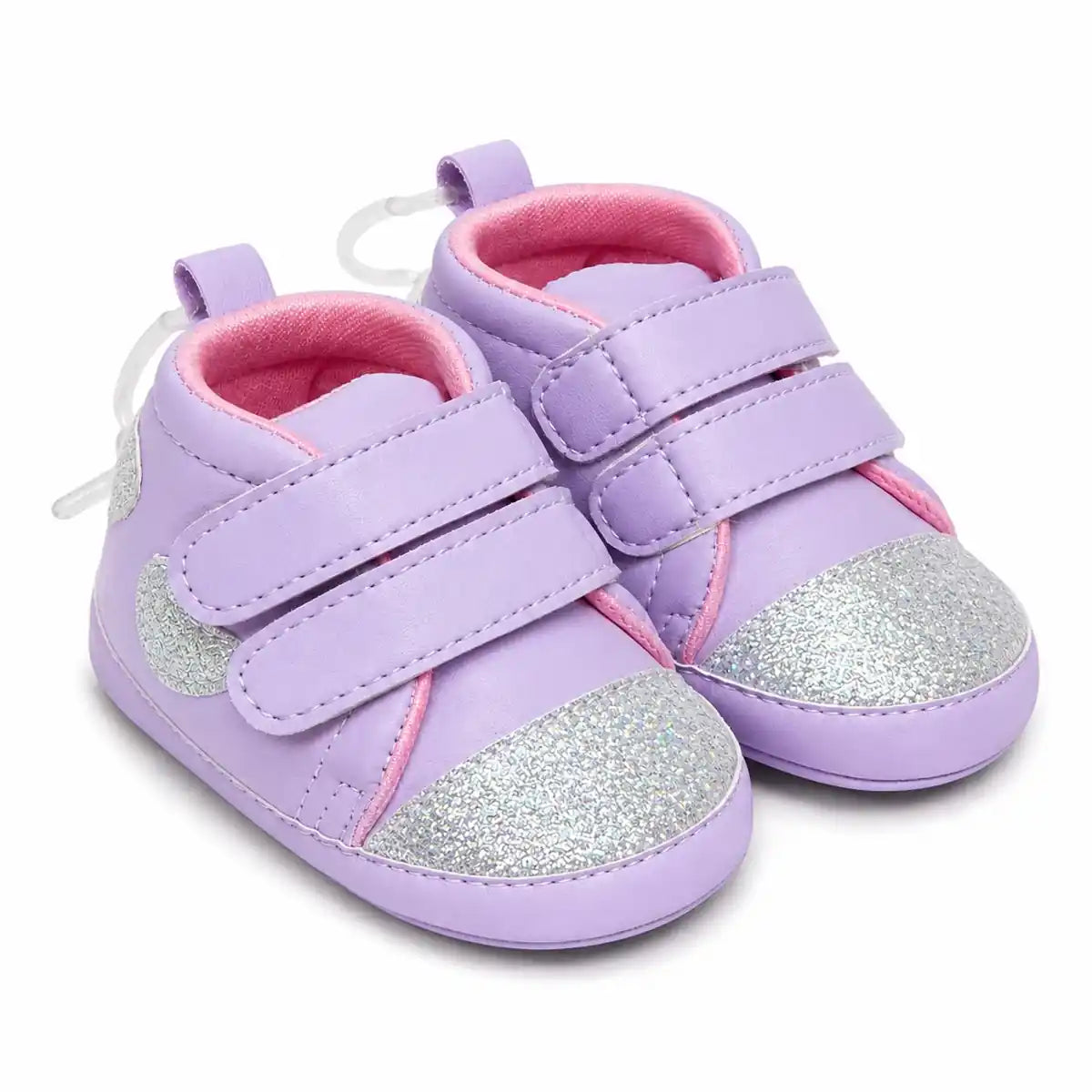 Lavender pink baby girl first walker shoes with silver glitter toe cap and double straps – angled view