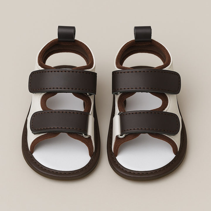 Baby Sandals Soft Sole Brown & White – Open-Toe Unisex Shoes for Infants 0–12 Months in Pakistan