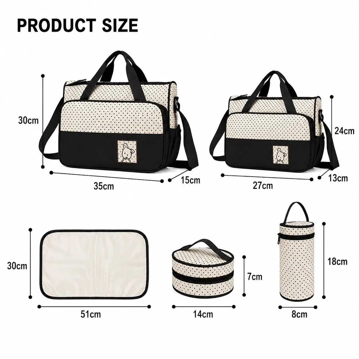 5 pcs baby diaper bag set size guide with dimensions for bags, changing mat and bottle holders