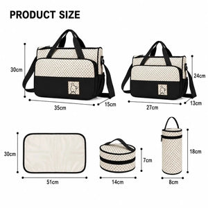 5 pcs baby diaper bag set size guide with dimensions for bags, changing mat and bottle holders