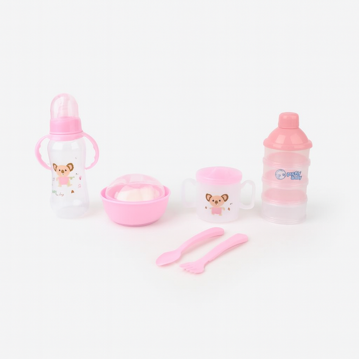 Pretty Baby 6-Piece Feeding Set Pink – feeder, sipper, bowl, milk powder container & baby utensils – BabifyStore.pk