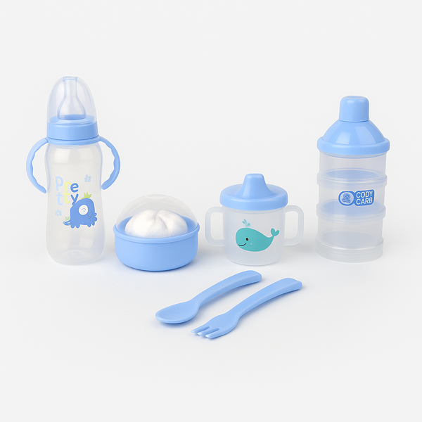 Pretty Baby 6-Piece Feeding Set Sky Blue – feeder, sipper, bowl, milk powder container & baby utensils – BabifyStore.pk