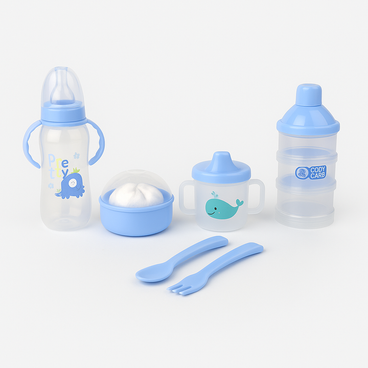 Pretty Baby 6-Piece Feeding Set Sky Blue – feeder, sipper, bowl, milk powder container & baby utensils – BabifyStore.pk